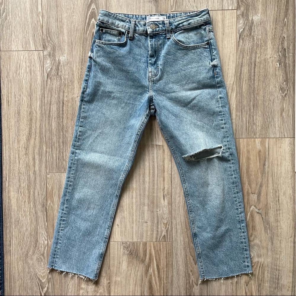 Topshop Straight Jeans Cropped Raw Hem High Rise Light Wash Distressed